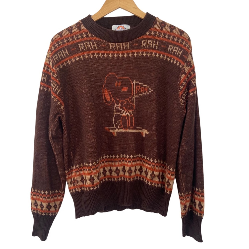 Vintage Snoopy Peanuts Rah Rah Arrow Varsity Sweater Brown Large Acrylic